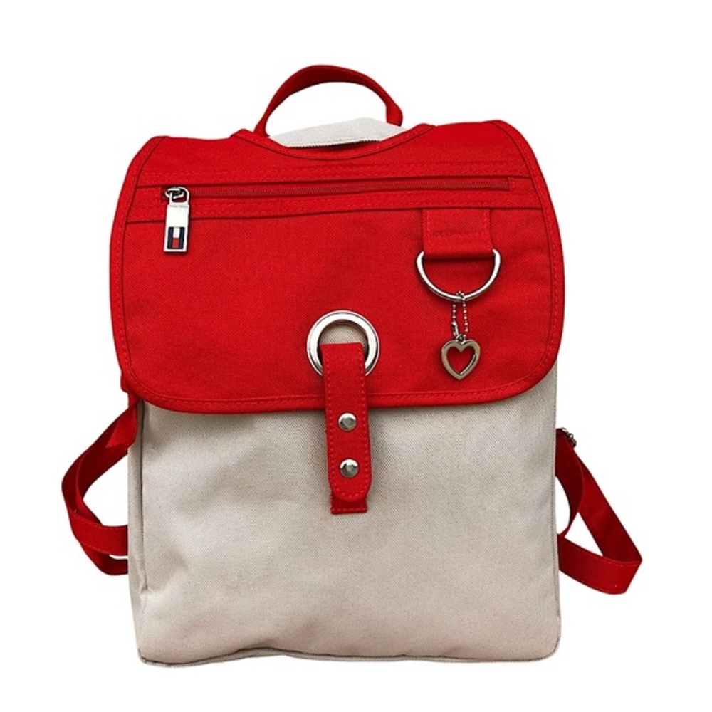 Tommy Hilfiger Red Tan Medium Size Snap/ Zipper Closure Women's Backpack